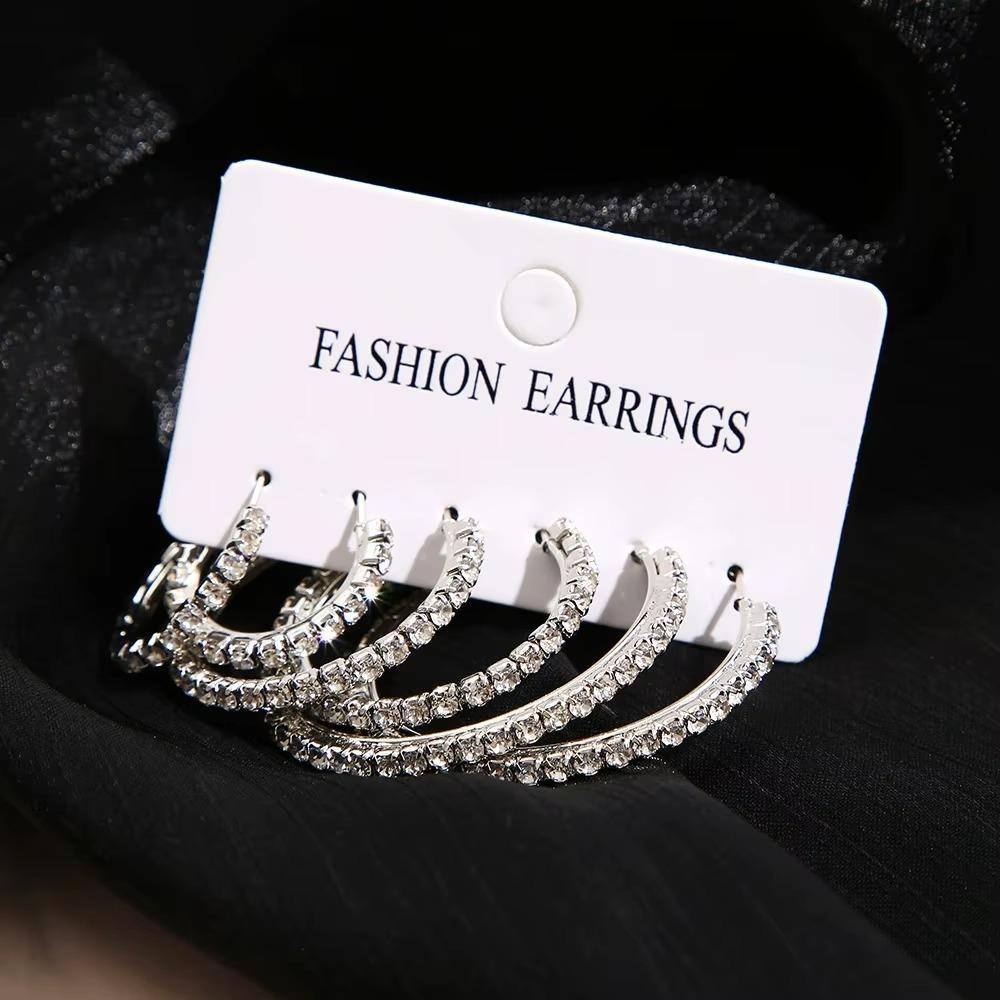 3 Pairs Different Size Crystal Earrings Full Shiny Rhinestone Jewelry Gifts Hoop Earrings  Women