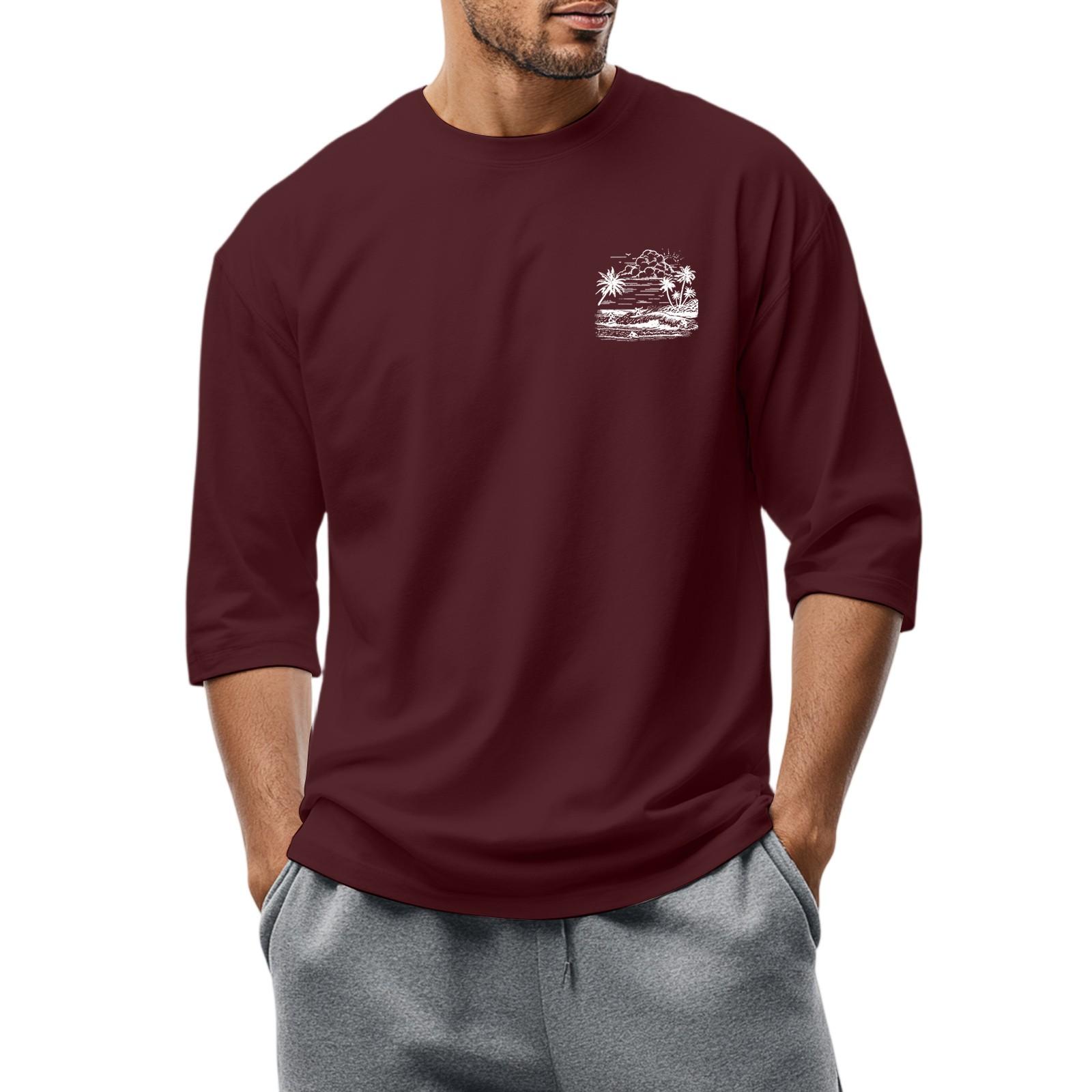 

Men S Round Neck Three-Quarters Sleeve Top Casual Fashion T-Shirt S винний