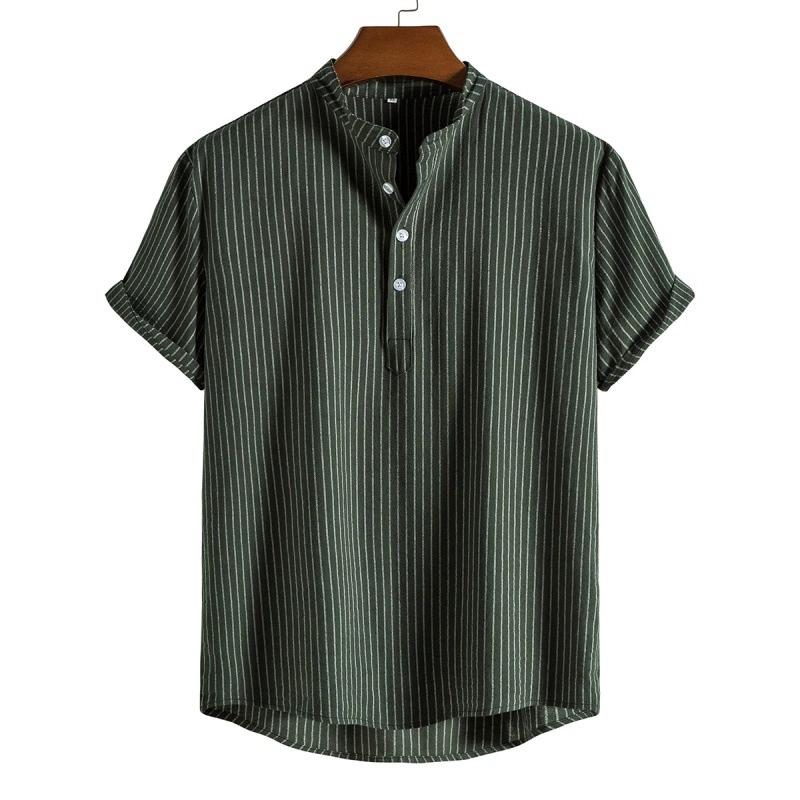 Men Summer Shirt Solid Color Stand Collar Men T-shirt Loose Buttons Short Sleeves Men T-shirt Simple Style Mid Length Men Top