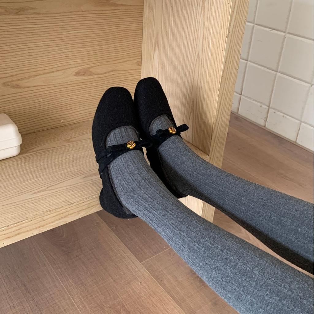 2025 New Korean Version of Round Head with Bow Thick Medium Heel Woolen Velvet Women's Mary Jane Single Shoes