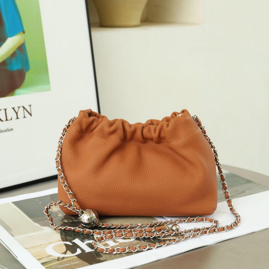 Women's Genuine Leather Cloud Pleated Shoulder Bag with Golden Ball Detail