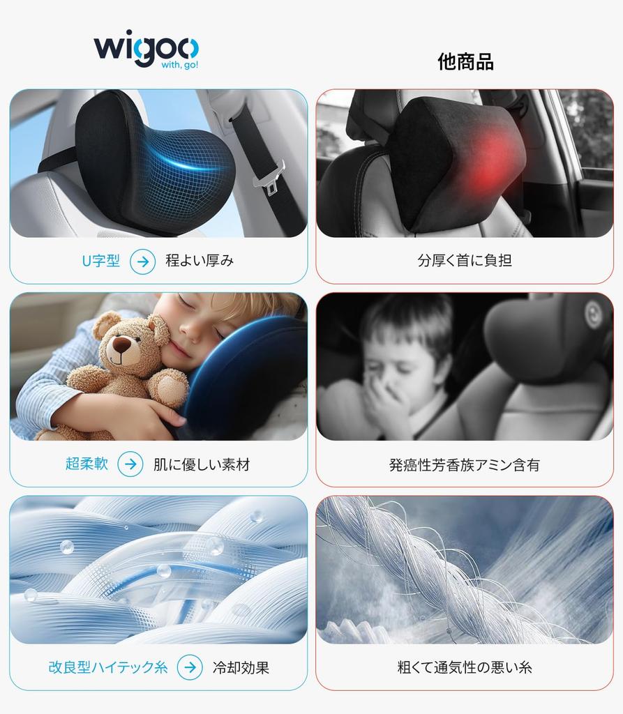 Wigoo Car Set of Cervical Pillow with Memory Breathable Easy Cervical Removable Compatible with All No Car Black Headrest, 2, Foam, Design,