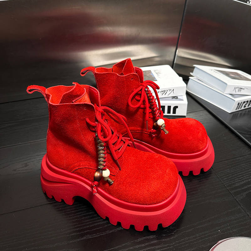 European Thick-soled Heightening Martin Boots Women's 2025 Autumn New Versatile Big Head Lace-up Small Locomotive Boots Short Boots