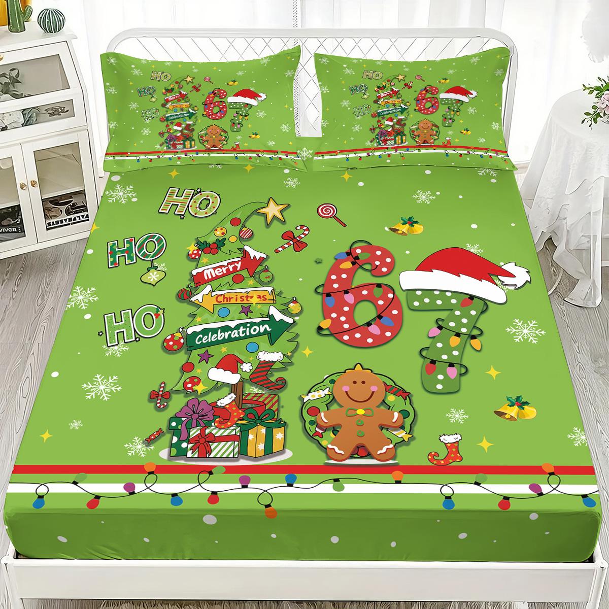 

3 шт. Зеленая новогодняя елка 67 элементов с принтом Бесшовный комплект простыней, Покрывало для кровати разных размеров, Постельное белье для спальни, Праздничные украшения 90x191cm