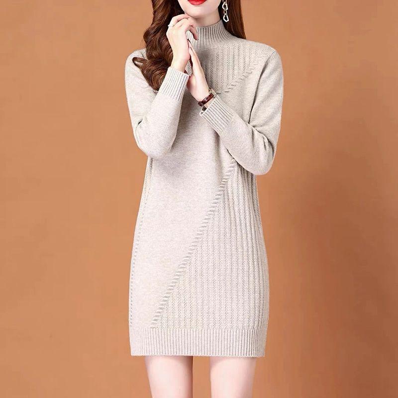 Half Turtleneck Knitted Dress for Women In Autumn and Winter Solid-color Long-sleeved Pullover Mid-length Casual Solid-color Sweater