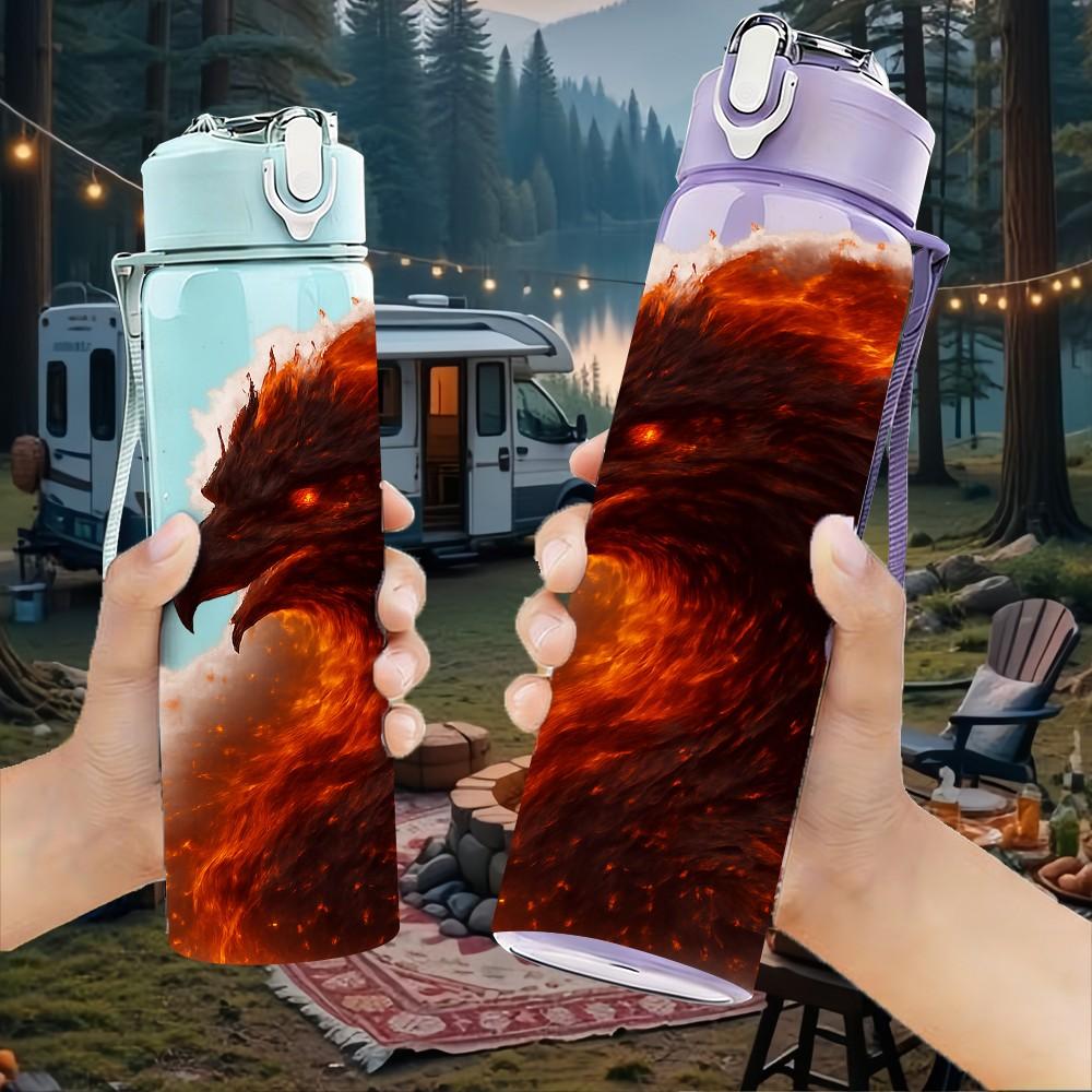1PC Burning Fire Eagle Bird Art Print 750ml Color Plastic Sports Water Bottle Leakproof Flip Straw Lid Suitable for Sports Office Home Use