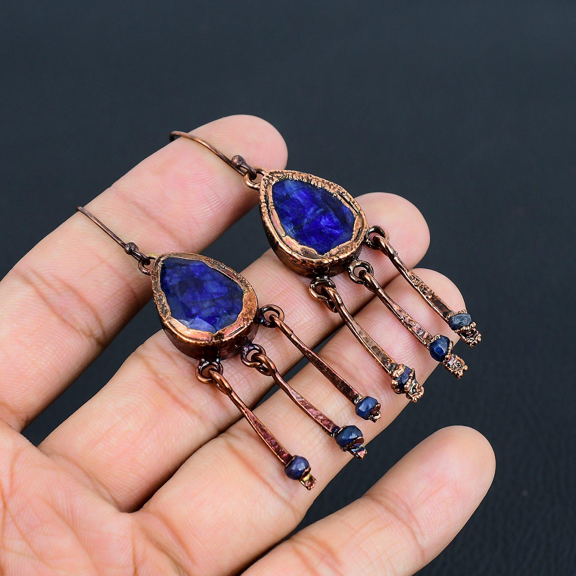 

Сапфировые Медные Гальванопластические Серьги, Ювелирные Изделия из Драгоценных Камней Ручной Работы, Подарки для Жены Совершенно Новые Серьги 2.55 Inches