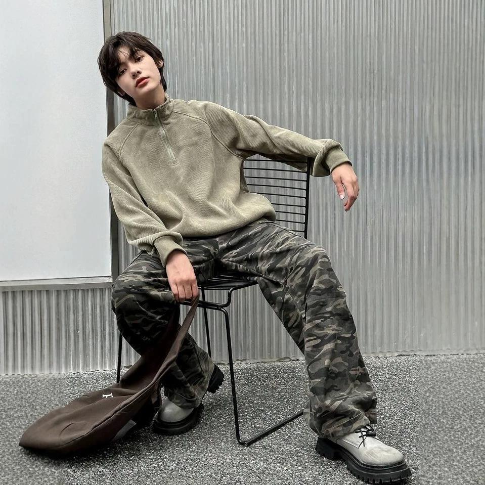 American Retro Washed Camouflage Scimitar Jeans Men's and Women's Loose Silhouette Design Sense Old Wide-leg Trousers
