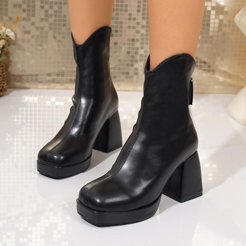 Fashion Block Heel Booties Women's 2025 Spring and Autumn New Retro Skinny Square Toe High Heel Skinny Boots