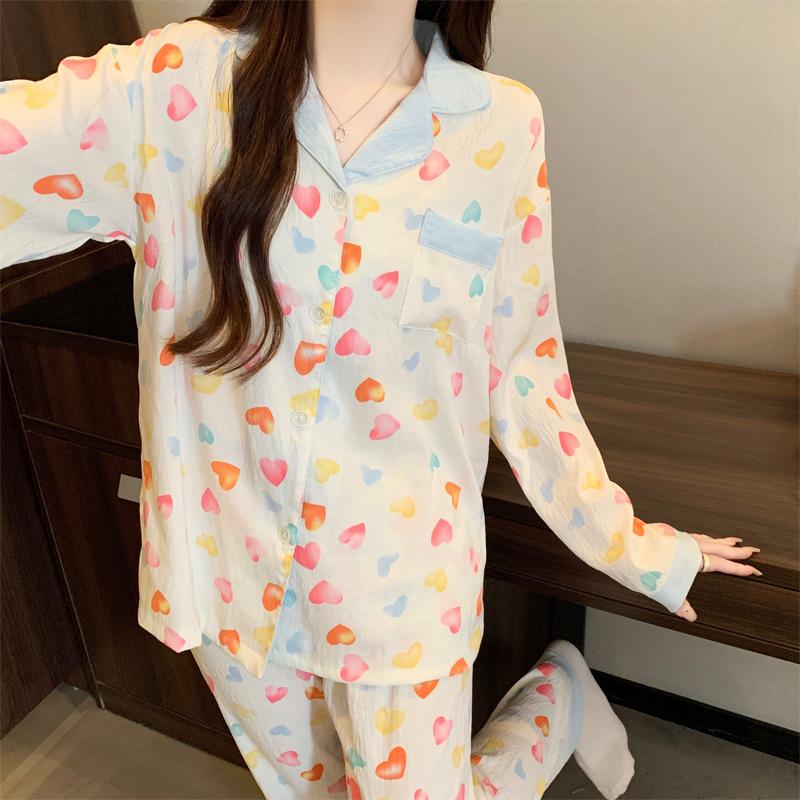 Simple Color Love Cloud Cotton Thin Spring And Autumn Pajamas Women'S Long-Sleeved Trousers Loungewear Set