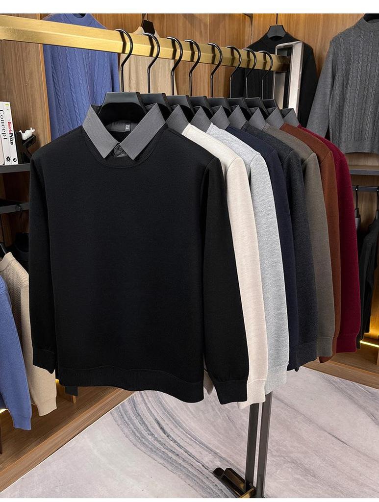Men's Two-in-One Fleece-Lined Knit Sweater with Shirt Collar for Autumn/Winter