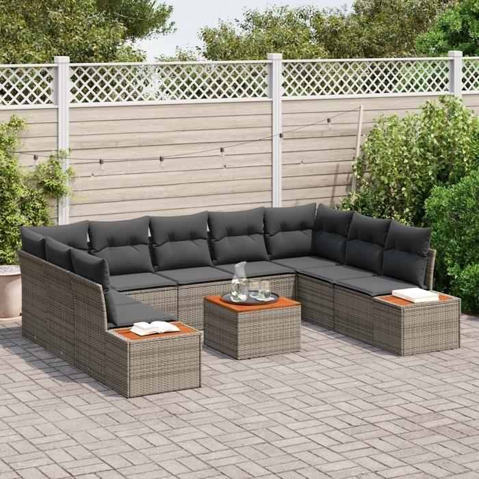 VidaXL Ensemble de Canapés de Jardin de 10 Pièces avec Coussins Gris en Poly Rattan Acacia 3348170