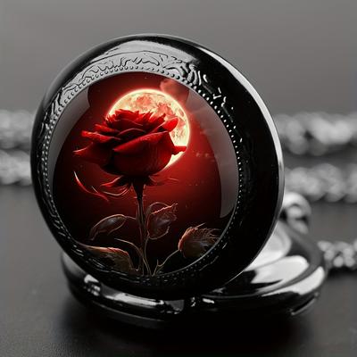 Exquisite Stylish Rose Flower And Moon Quartz Movement Pocket Watch, Black Necklace Chain Watch Gift for Women Ladies Girls