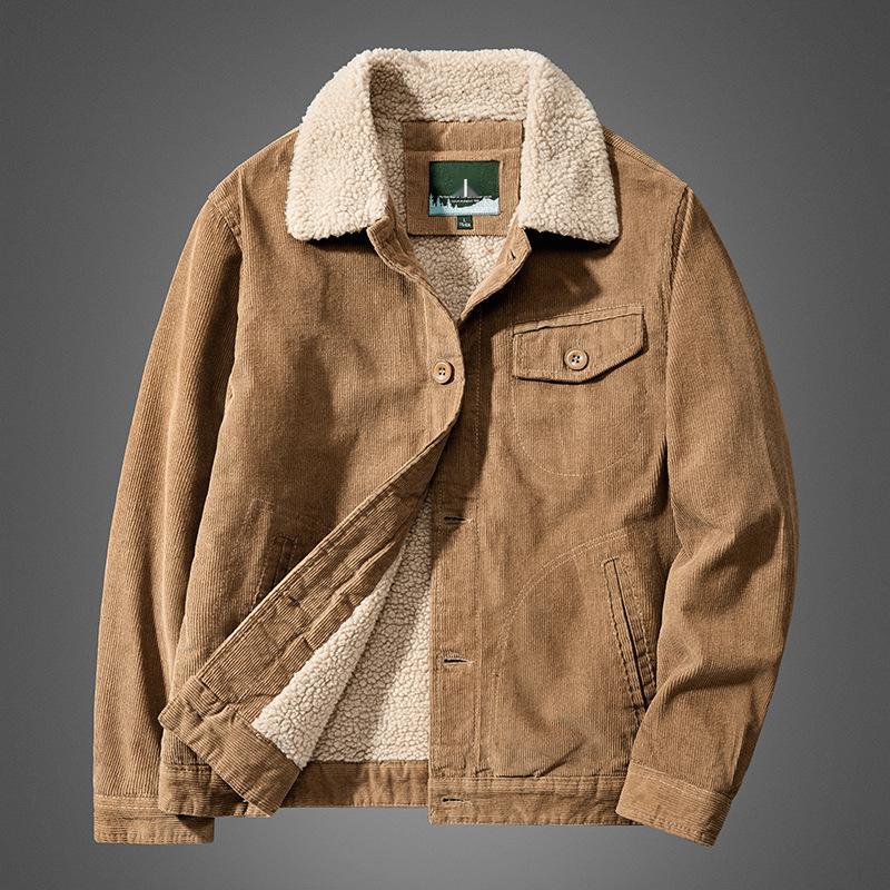 Men's Warm Corduroy Workwear Jacket, Plus Velvet Thickened, Winter Dad's Coat