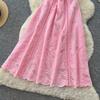 Elegant Summer Midi Dress for Women O-Neck High Waist Solid Spliced Lace with Embroidered Flowers Long Dress New Fashion