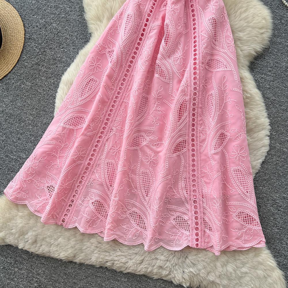Elegant Summer Midi Dress for Women O-Neck High Waist Solid Spliced Lace with Embroidered Flowers Long Dress New Fashion