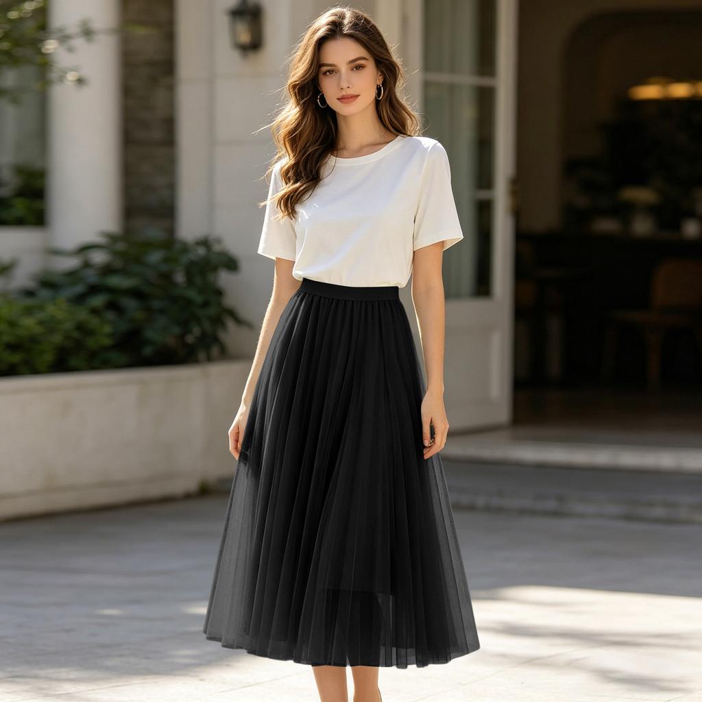 Ladies' Casual And Fashionable Mesh Half Skirt Long Skirt