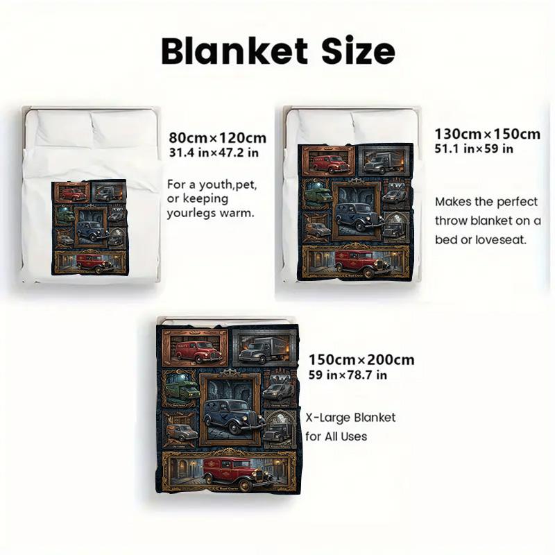 Vintage Delivery Vehicles 2D Flat Pattern Flannel Blanket, High Quality All Seasons, Home Decor, Warmth and Comfort, Perfect for Christmas Gifts.