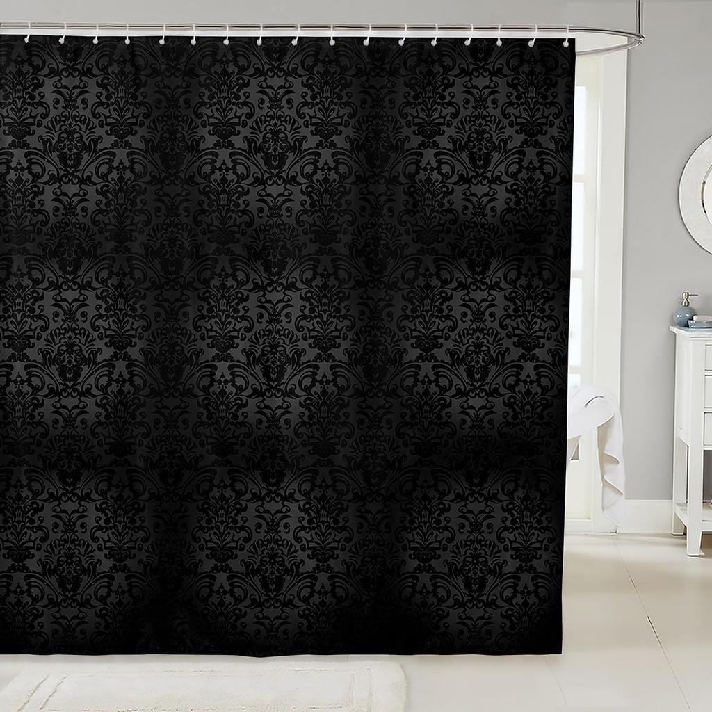 Boho Damask Shower Curtain - Baroque Style Antique Ornament, European Pattern Floral Decorative Polyester Fabric - Black & Grey