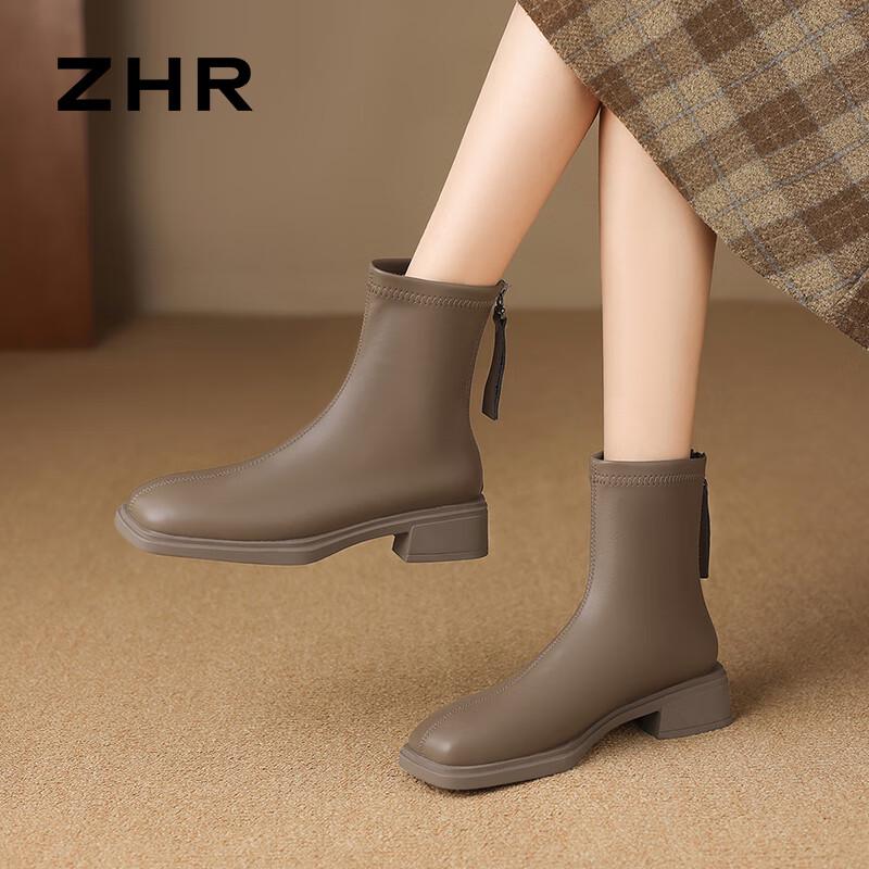 Women s Square Toe Chunky Heel Ankle Boots 36