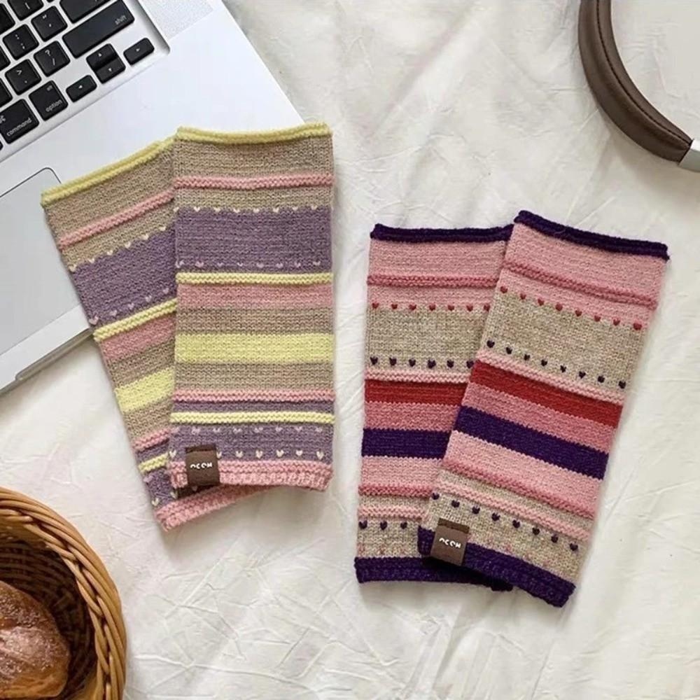 Soft Colorful Striped Fingerless Gloves Writing Work Gloves Retro Women Gloves Winter Wrist Glove
