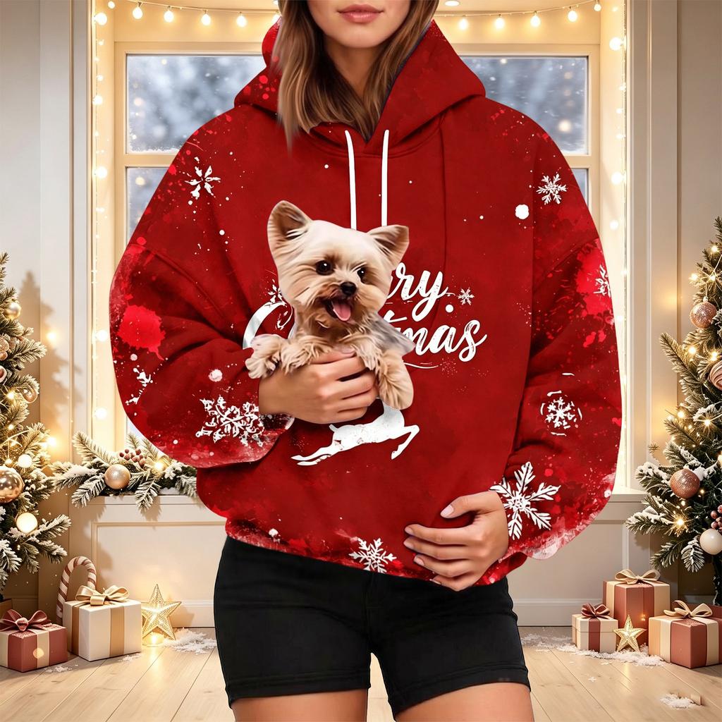 Damen Mode Weihnachtsdruck Hoodie mit Haustier-Tasche, Lässiger Pullover für Feiertagskleidung