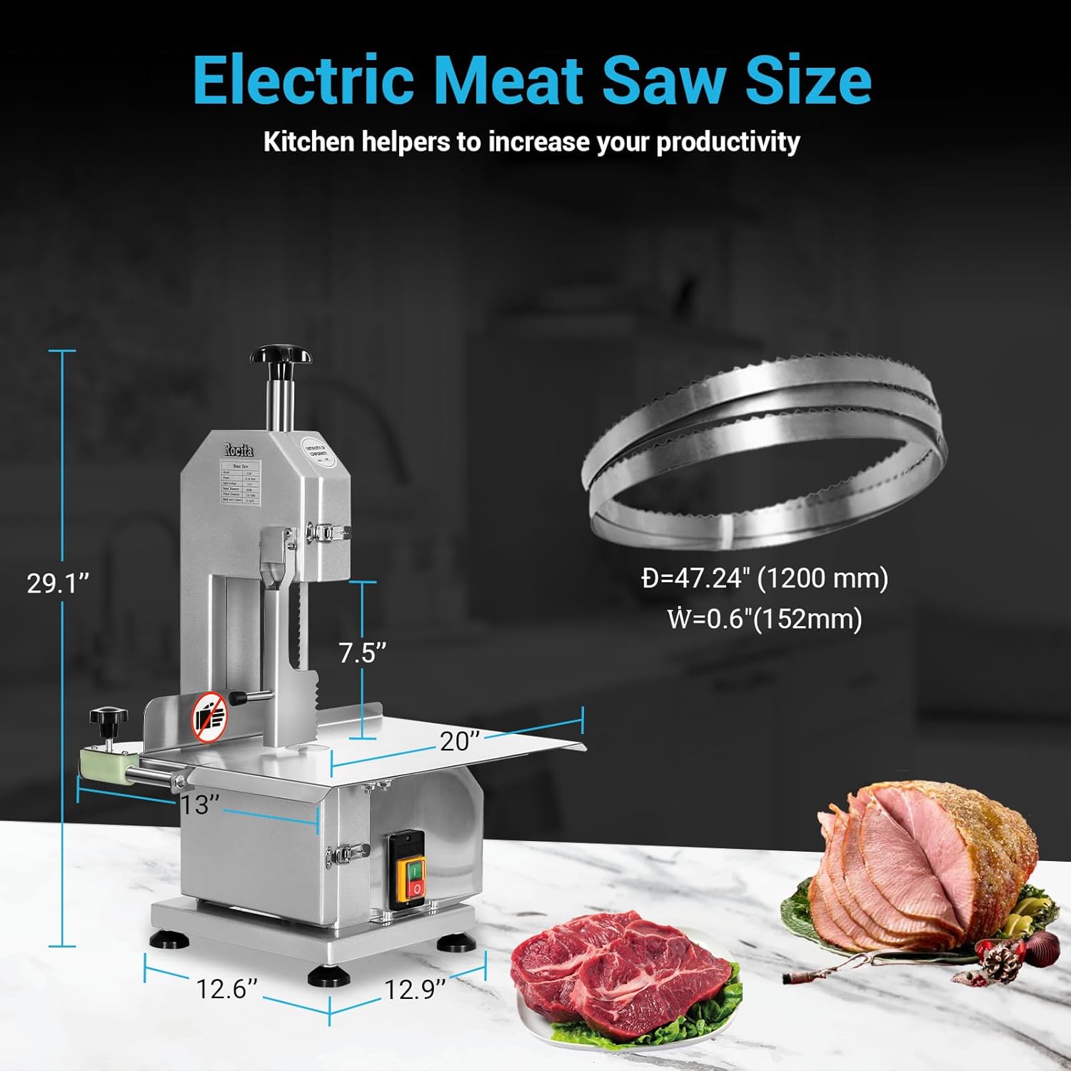 

Промышленная электрическая пила для мяса и костей 750 Вт/1500 Вт Лезвие из нержавеющей стали Ленточная пила для костей Рабочий стол Настольная пила для костей US