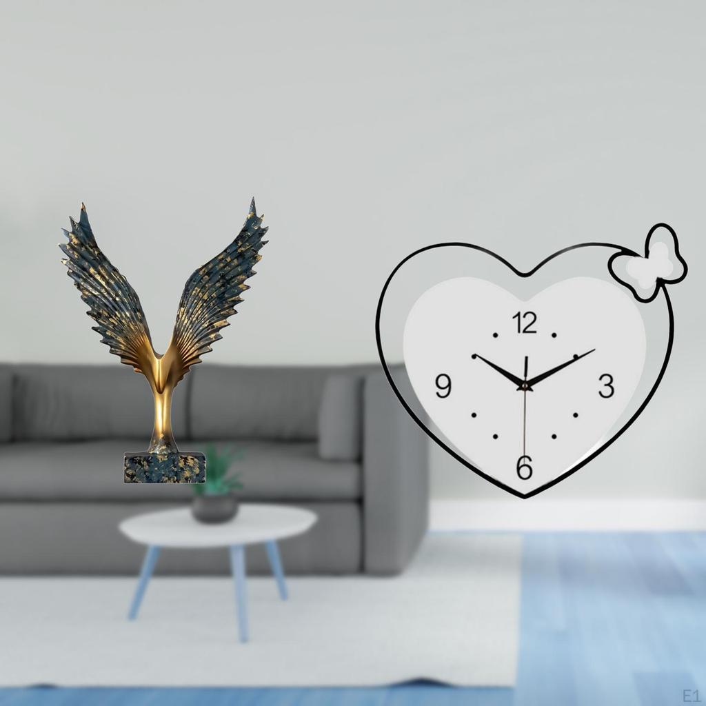 Resin Wing Heart Shape Sculpture Feng Shui Ornament Acrylic Clock Decorative Creative Design Quiet