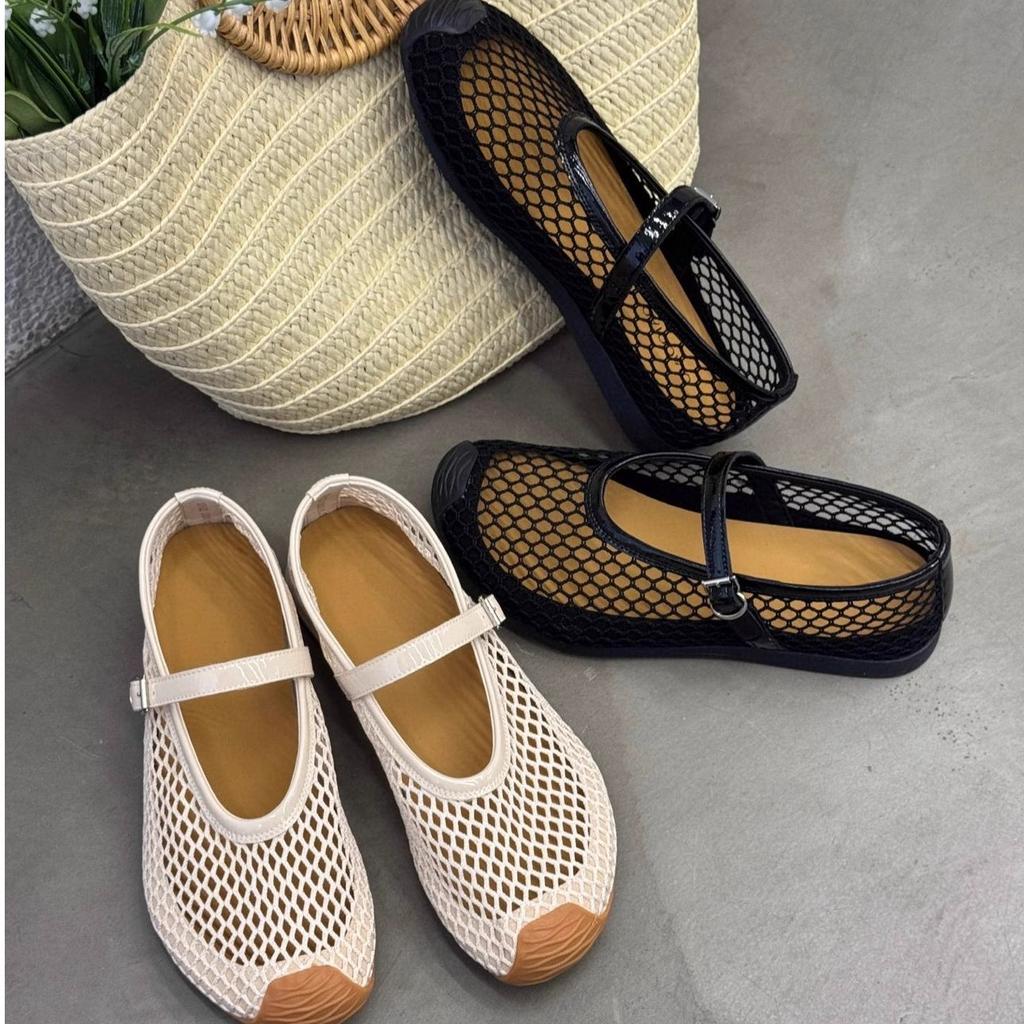 European Station Women's Summer Hollow Mesh Round Head One-word Ballet Shoes Soft Sole Comfortable and Breathable Mary Jane Shoes