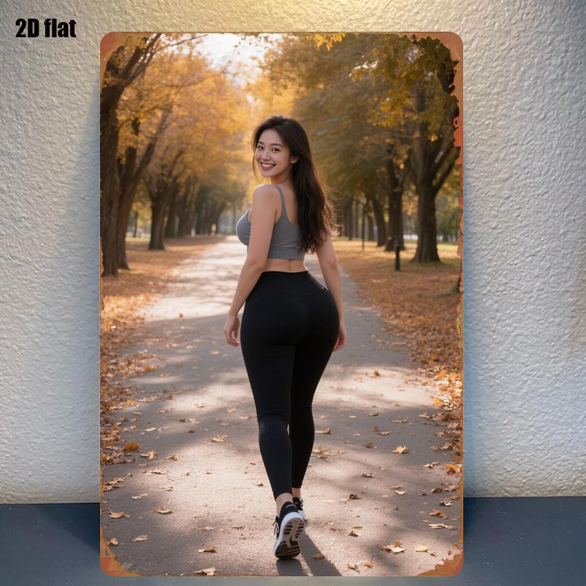 D Flat Pc Rustic Iron Metal Wall Sign Autumn Forest Path with Athletic Woman Suitable for Farmhouse Decor Kitchen Room D