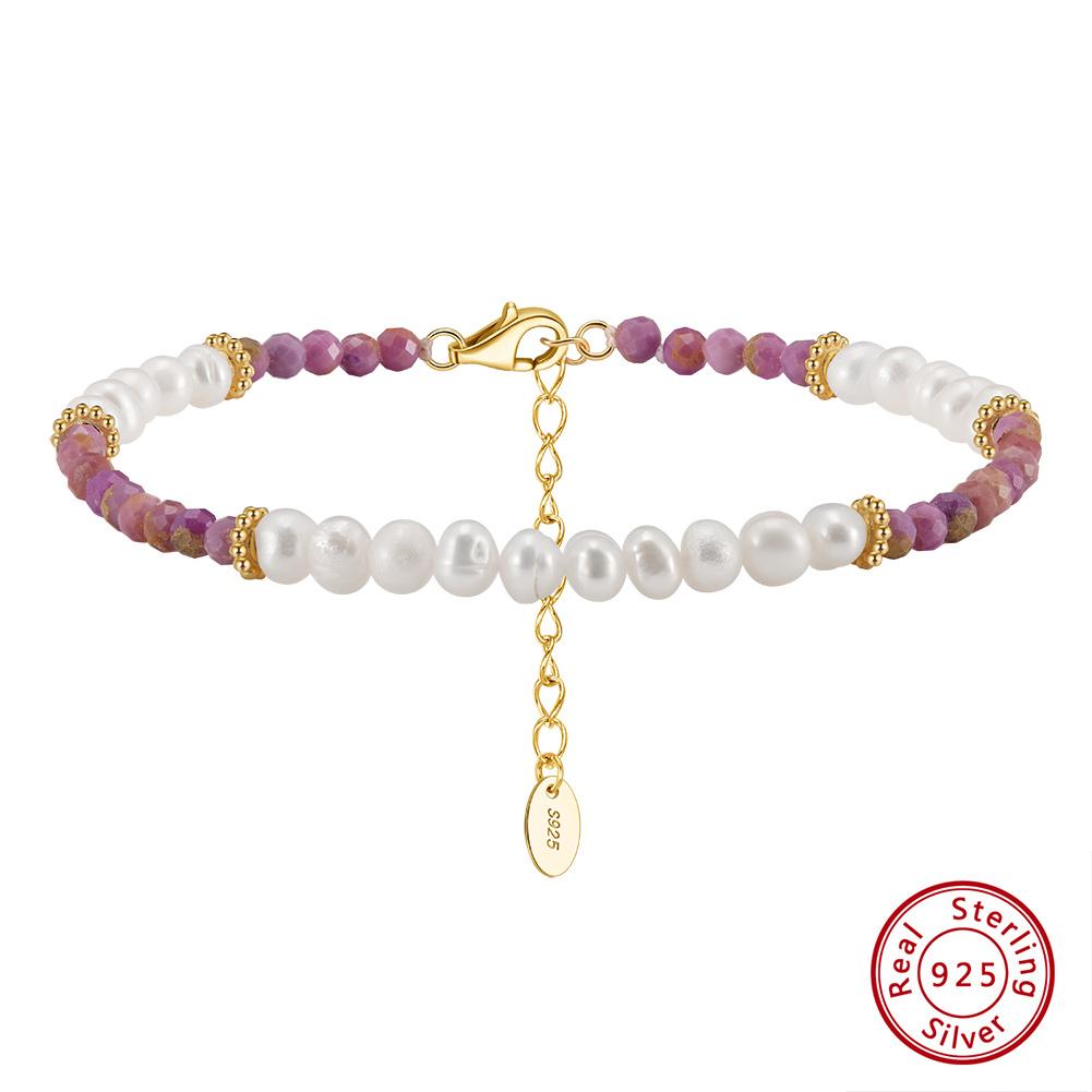 Purple Mica Freshwater Pearl Beads Natural Gemstone Jewelry Purple Mica Beads Gift 925 Silver Bracelet 18+5cm/7+2inches&4.5-5mm