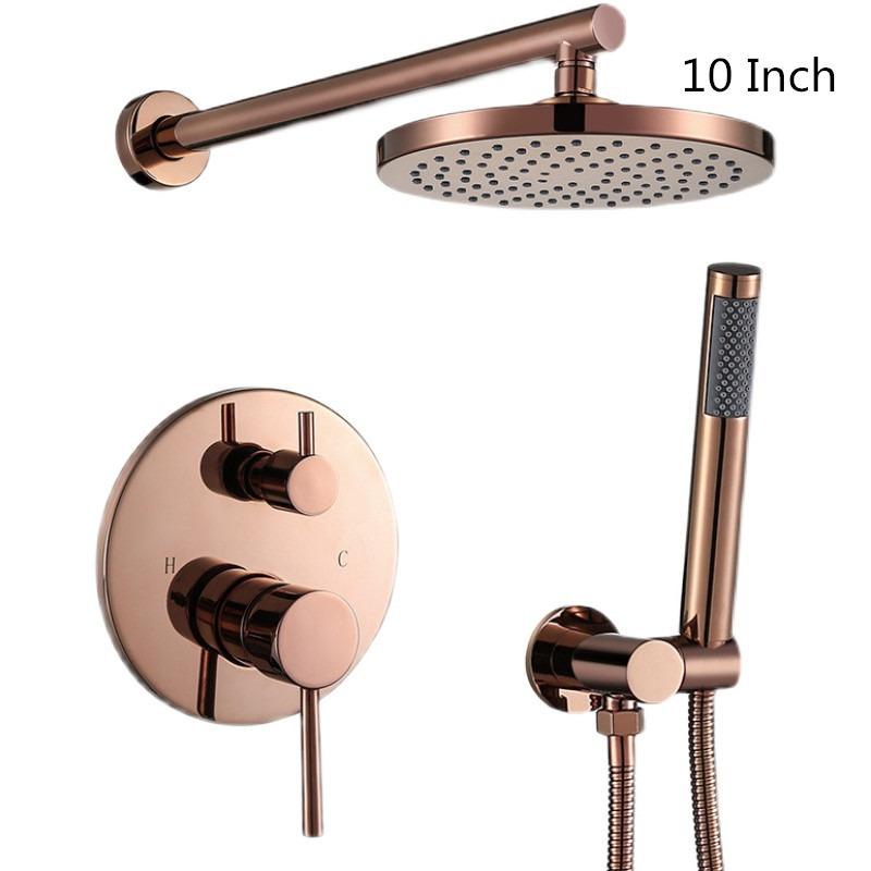 Tuqiu Rose Gold Brass Bathroom Shower Faucet Valve Faucet Set With 10 Inch Round Shower Head Bathroom Wall Shower Faucet Kit