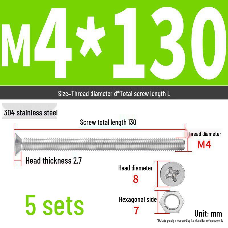 304 Stainless Steel Extra Long Phillips Flat Head Screws and Nuts Set (2M, 3M, 4M)