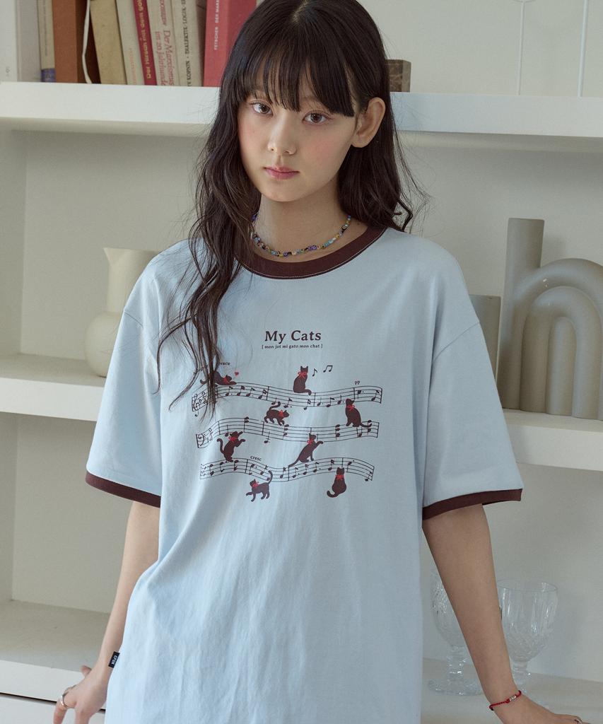 CPGN STUDIO Cats Music Ringer Short Sleeve T-Shirt Mist Blue