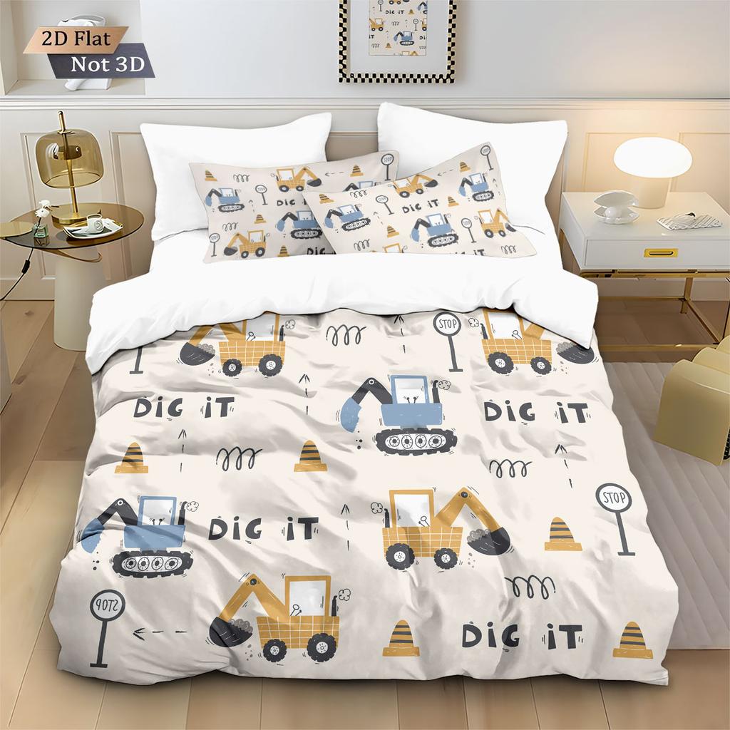 3-teiliges Cartoon-Spielzeug-Bagger-Aufdruck-Daunendeckenbezug-Set, Mehrgrößen-Schlafzimmer-Bettwäsche-Dekoration, Maschinenwaschbar