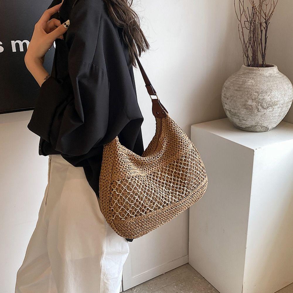 Fashion Weave Tote Bag Large Capacity Summer Beach Straw Handbag Sweet Bohemian Shoulder Bag  Girls