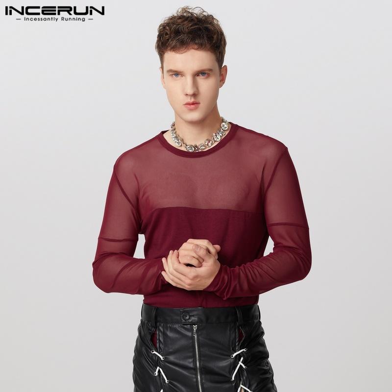INCERUN Men Long Sleeve Patchwork Mesh Sheer See Through Tops T-shirts Undershirts