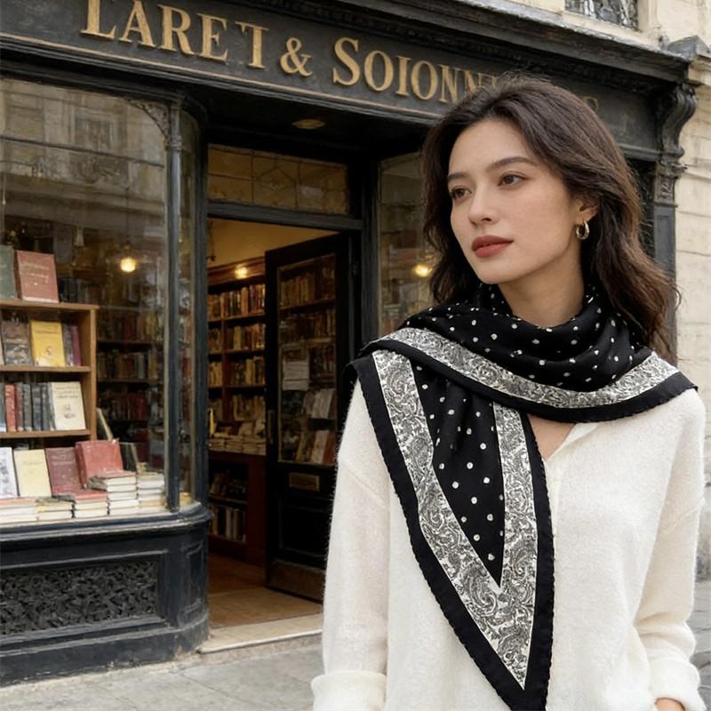 High-end silk scarf, fashionable and simple mulberry silk twill silk lace craft triangle scarf, versatile shawl scarf