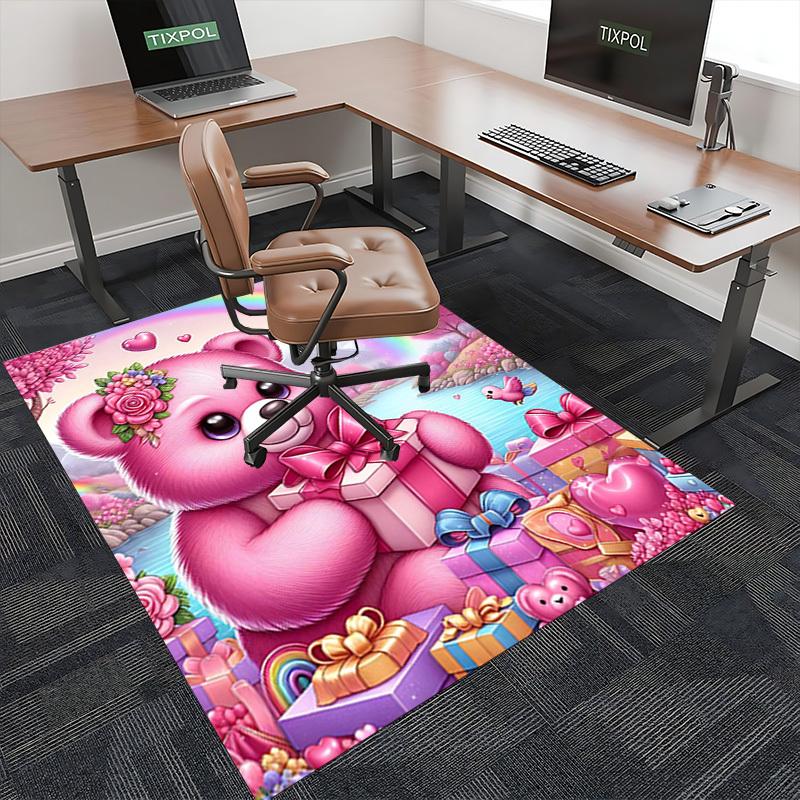 1pc Pink Teddy Bear with Flowers Chair Mat - Anime Cartoon Design, Festival Gift, Non-Slip Carpet for Office and Home Decor, Suitable for All Seasons.