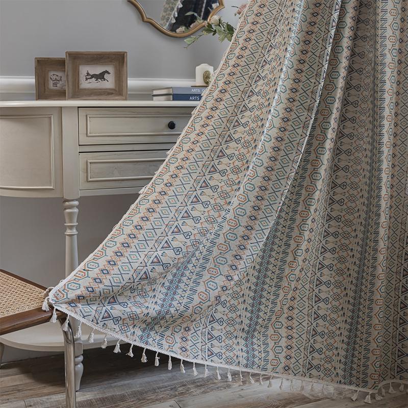 

American Style Green Flower Jacquard Fringe Finished Curtain Homestay Home Semi-blackout Valance Living Room Bedroom Balcony W150 x H160cm&Threading Rod