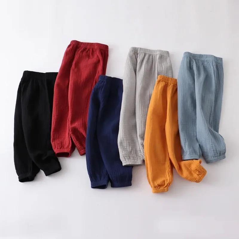 Summer Children Pants Casual Girls Boys Linen Solid Color Loose Pleated Pant Trousers Hight Waist Harem
