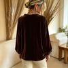 Women's Velvet Long Sleeve V-Neck Blouse with Ruffle Collar