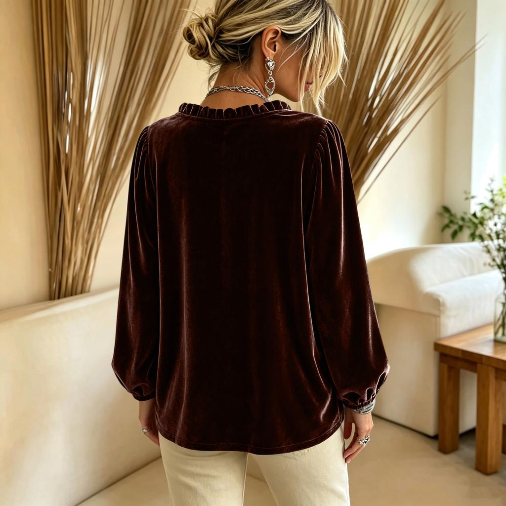 Women's Velvet Long Sleeve V-Neck Blouse with Ruffle Collar