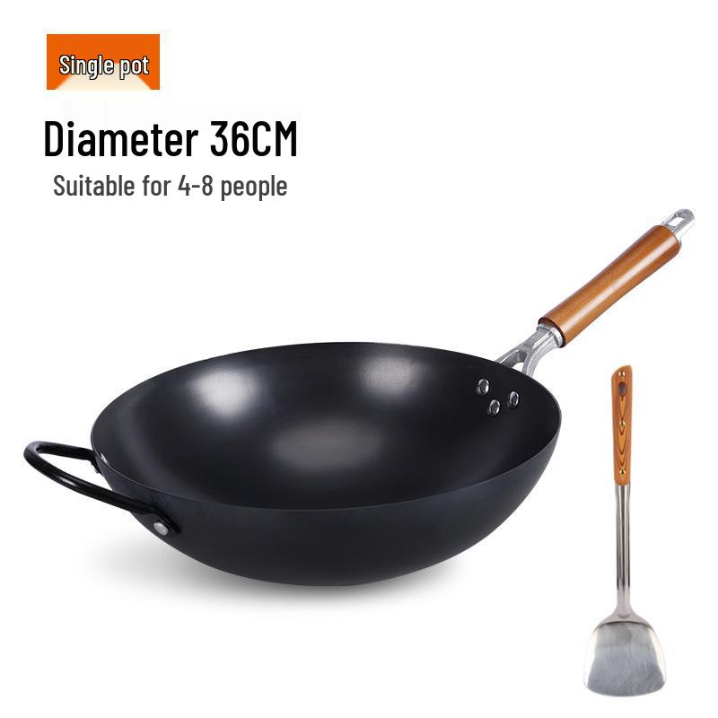 Old-Fashioned Non-Coated Cast Iron Wok, Round Bottom, Non-Slip, Non-Stick, Gas Stove Compatible, Nitrided Fine Iron.