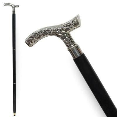Elegant Black Walking Stick with Silver Handle Wooden Cane