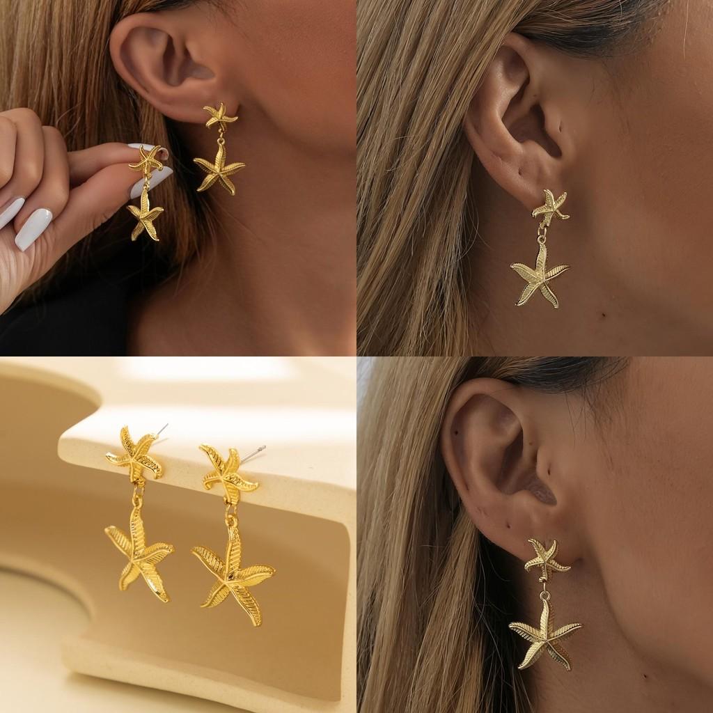 Gold Plated Starfish Earrings Modern Stylish Star Shape Gold Alloy Womens Jewelry