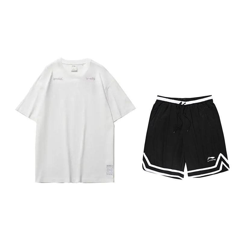 Li Ning Colorful Letter Print Short Sleeve Casual Sports Suit Unisex suit White Black YHSU219-1+YAPV001-1