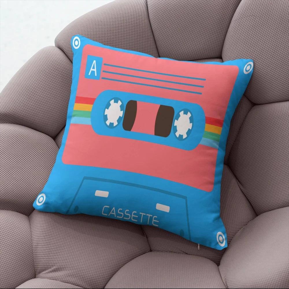 Fun Decorative Pillow Cover With Music Tape Print Cute Kawaii Camera Sofa Bedside Cushion Cover Short Plush Zipper Pillowcase
