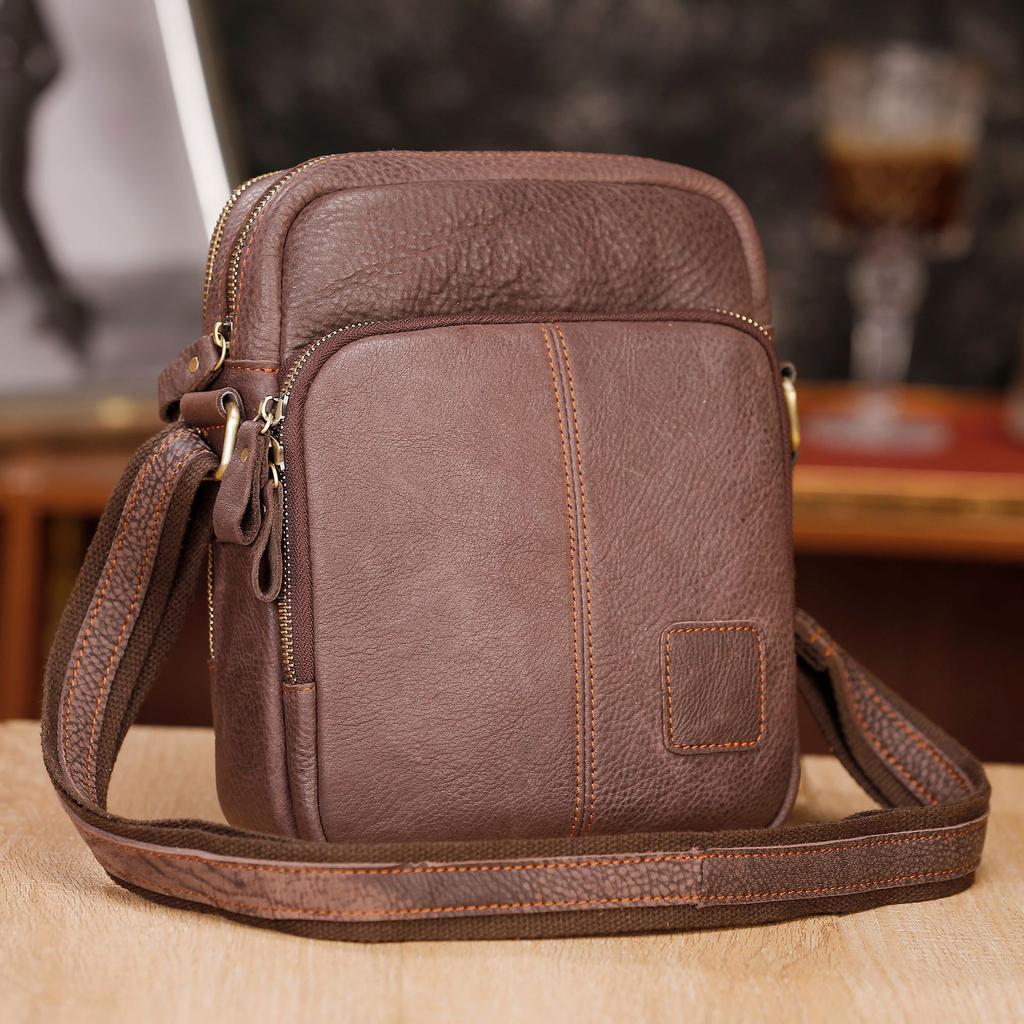 Borsa a tracolla da uomo in pelle di vacchetta pieno fiore - Spaziosa borsa a tracolla vintage per EDC, Borsa a tracolla in pelle retrò con spazio espandibile