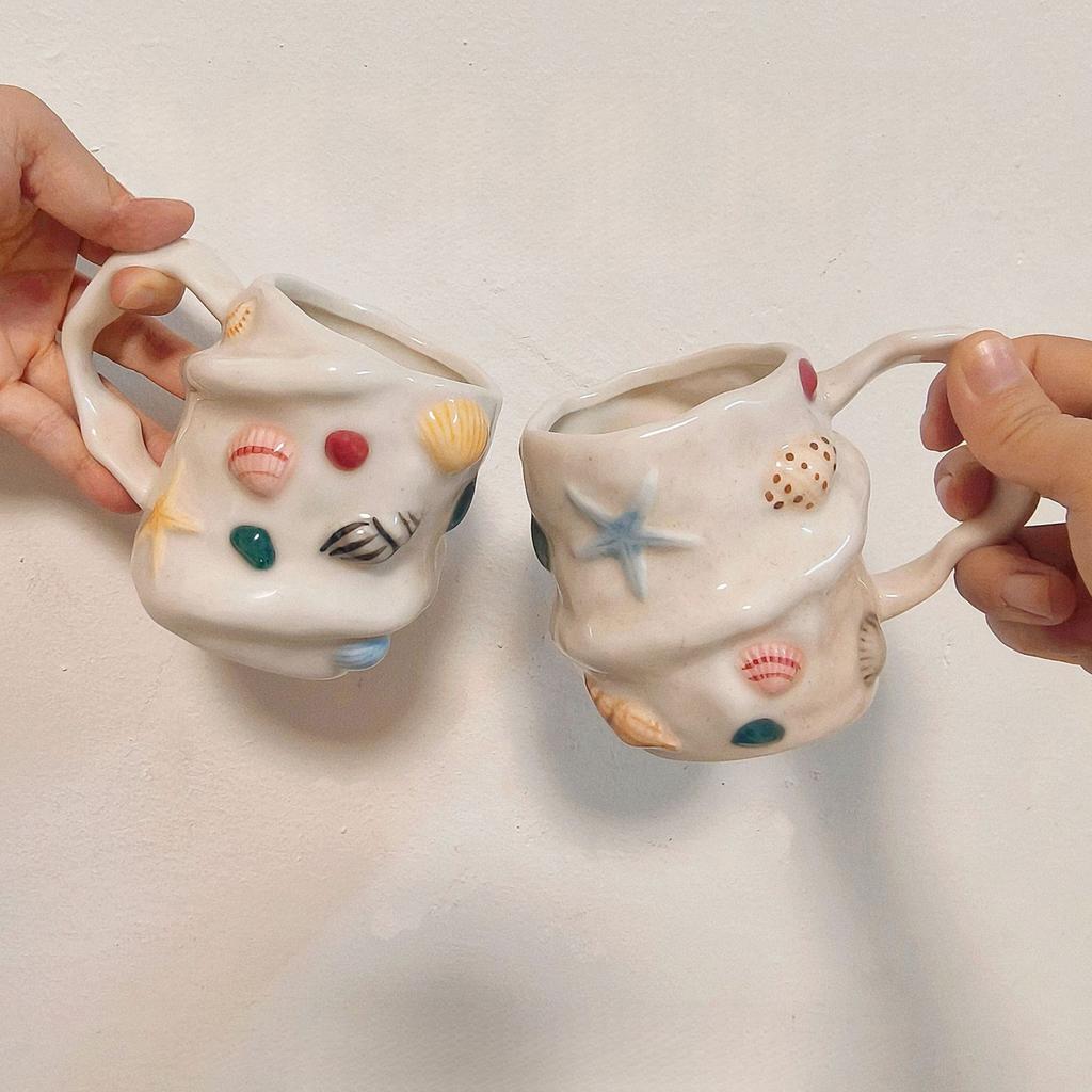 Cute Shell Conch Ceramic Cup Retro Ceramic Coffee Cup Dish Handmade Irregular Cup Dish with Handle Mug MilkKitchen Accessory